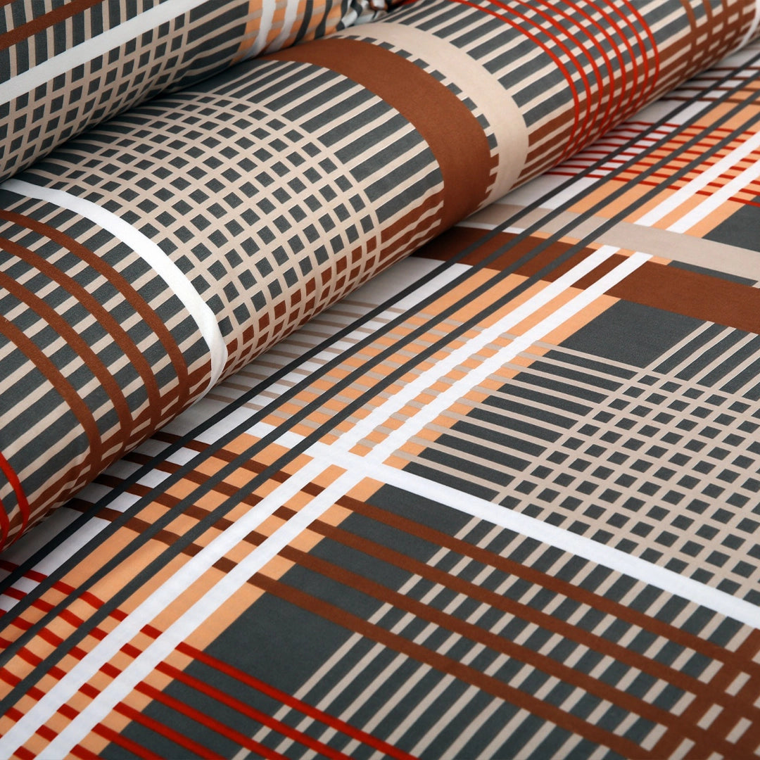 3 Piece - Brown & Red Checkered Printed Bed Sheet Set - 3153