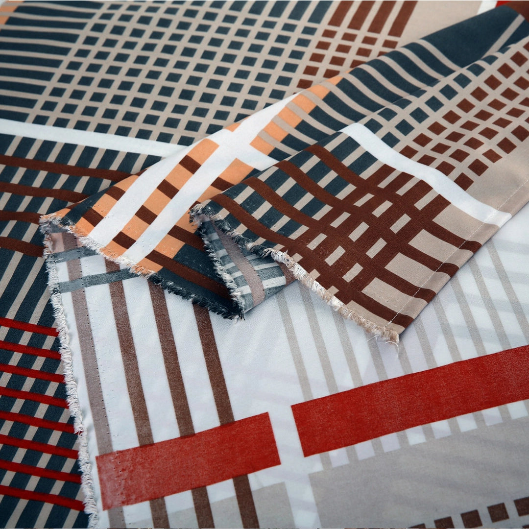 6 Piece - Brown & Red Checkered Printed Duvet Cover Set