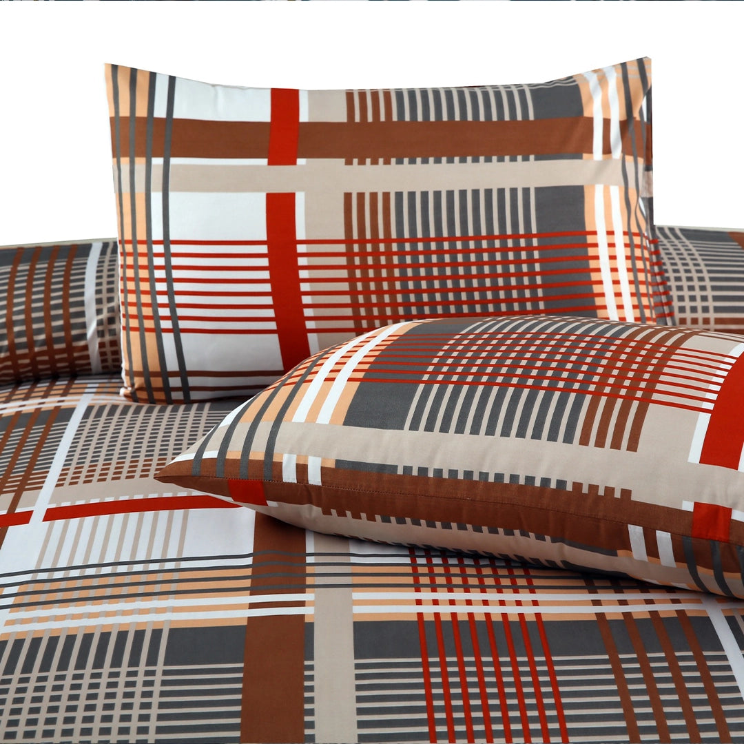 3 Piece - Brown & Red Checkered Printed Bed Sheet Set - 3153