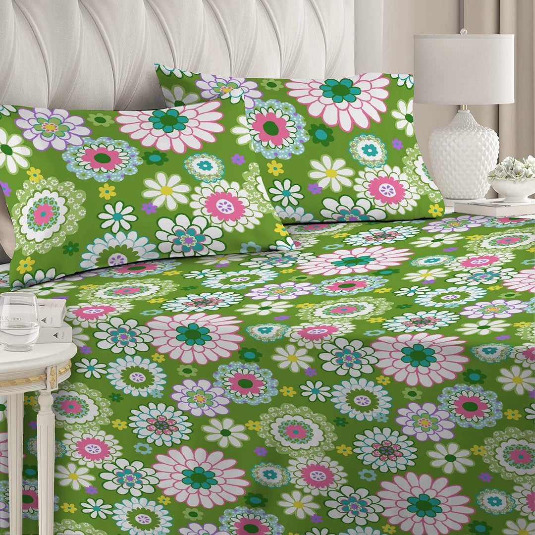 3 Piece - Green Floral Print Bed Sheet Set - 3059