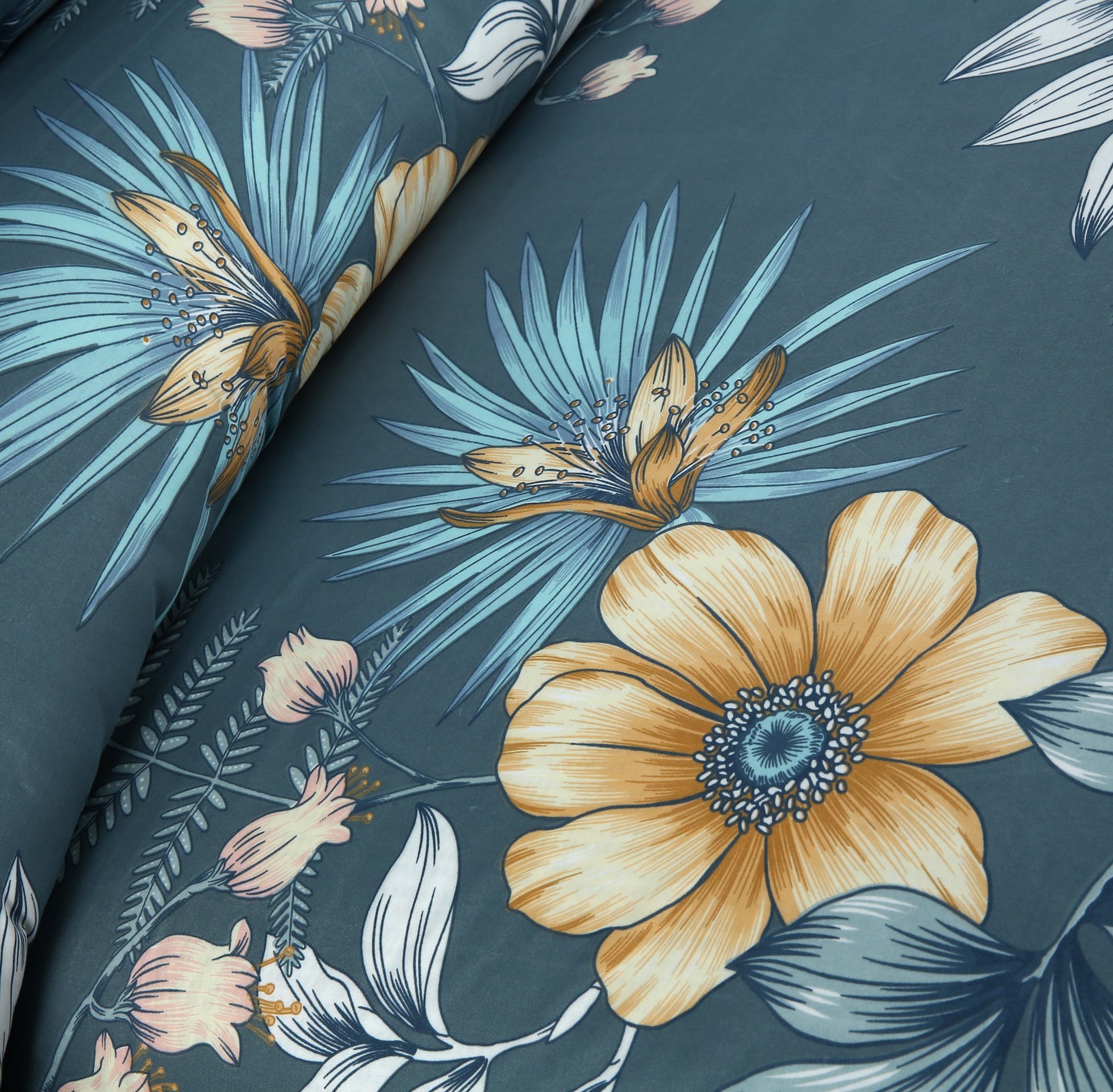 6 Piece - Gold Flower on Grey Printed Duvet Cover Set