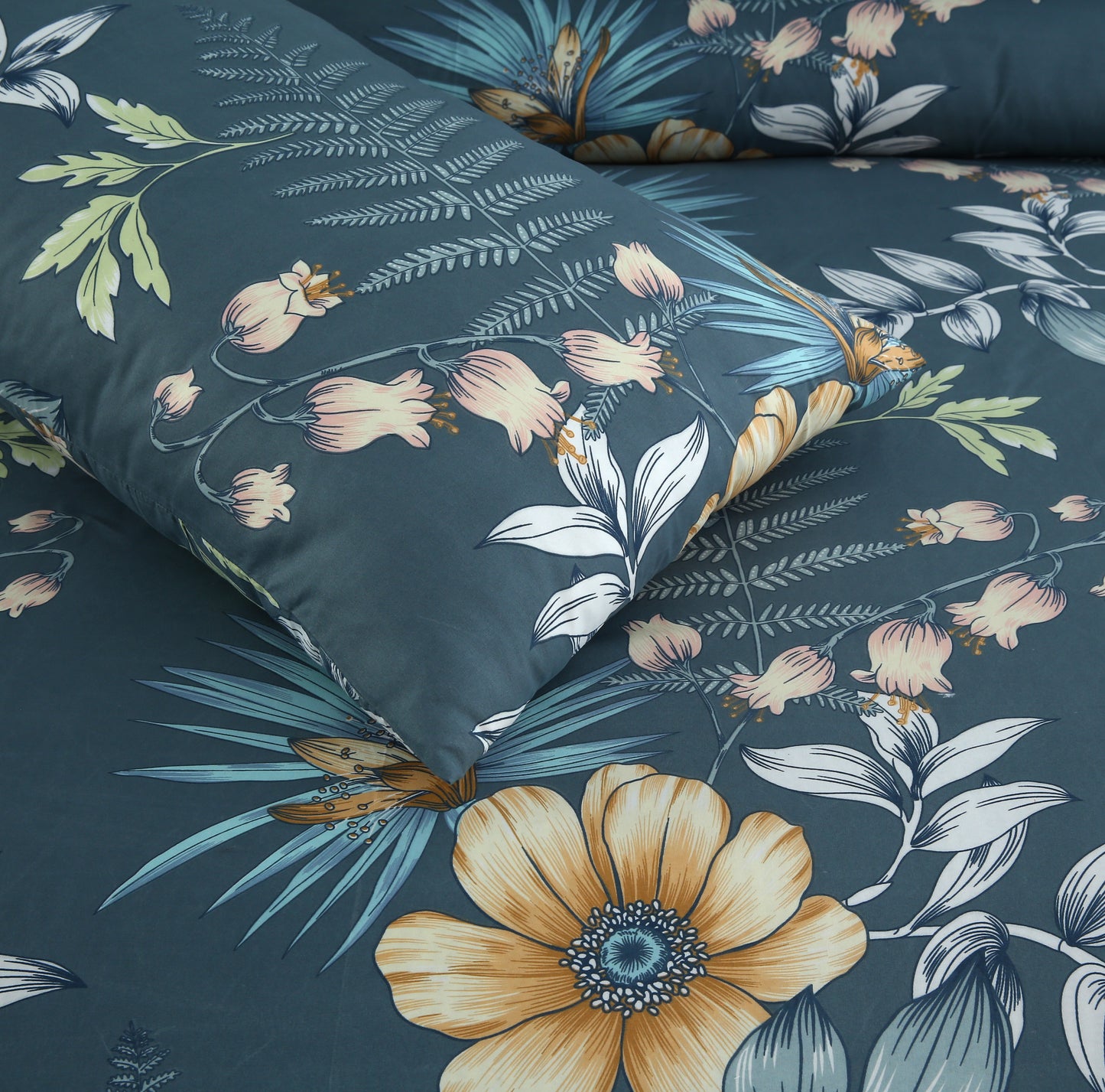 6 Piece - Gold Flower on Grey Printed Duvet Cover Set