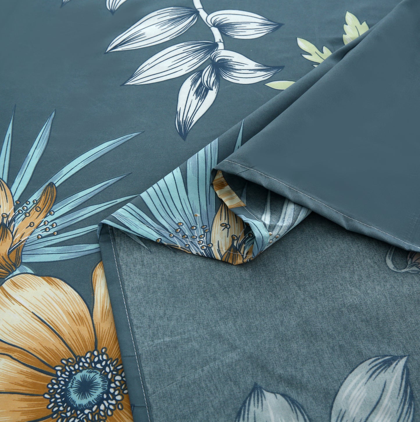 6 Piece - Gold Flower on Grey Printed Duvet Cover Set