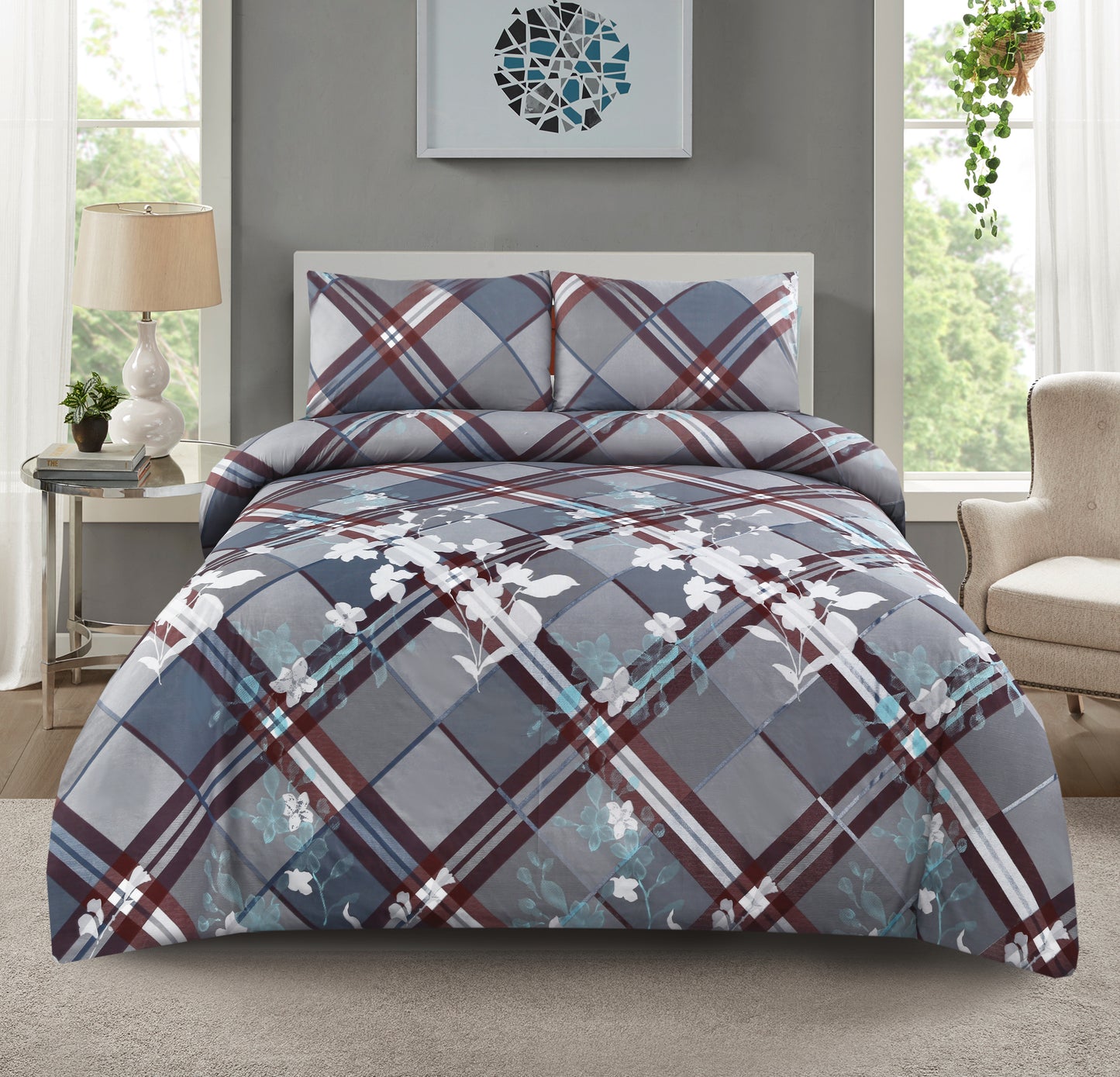 6 Piece - Maroon Check on Grey Floral Printed Duvet Cover Set