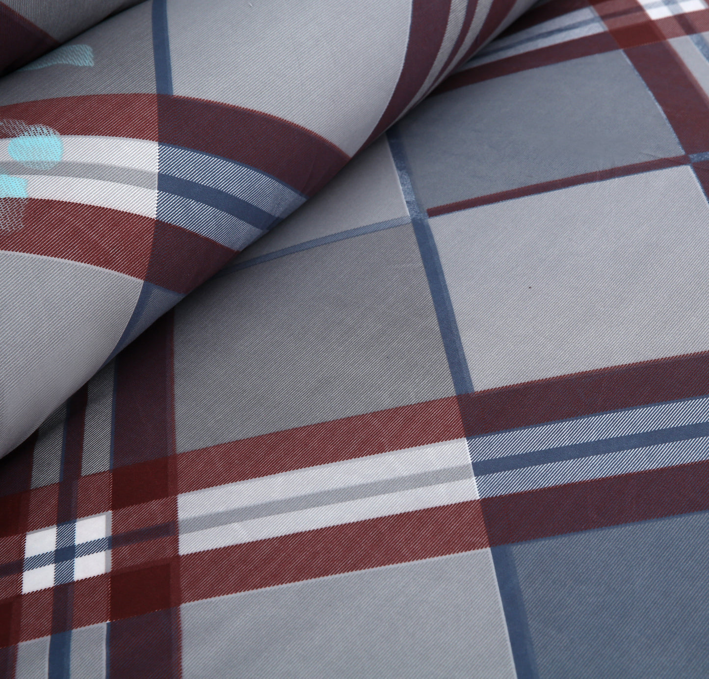 6 Piece - Maroon Check on Grey Floral Printed Duvet Cover Set