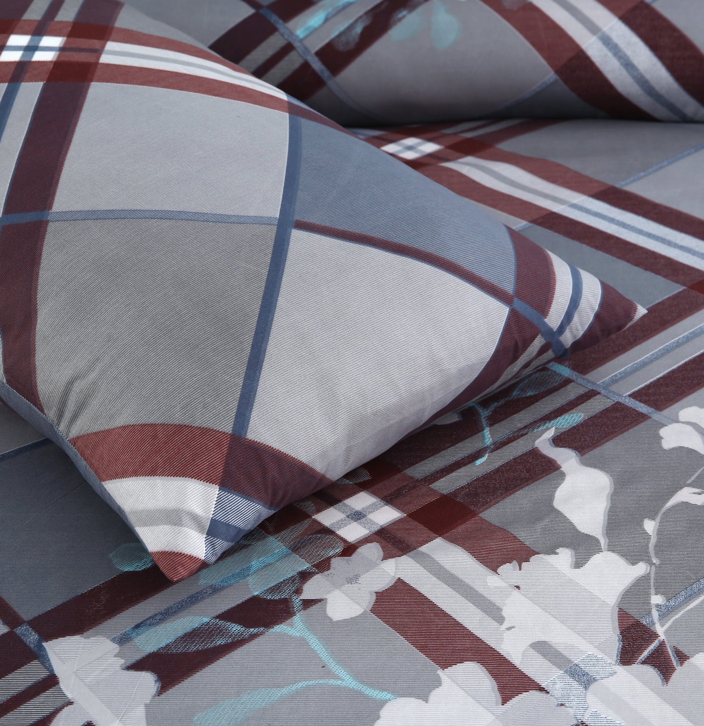 6 Piece - Maroon Check on Grey Floral Printed Duvet Cover Set