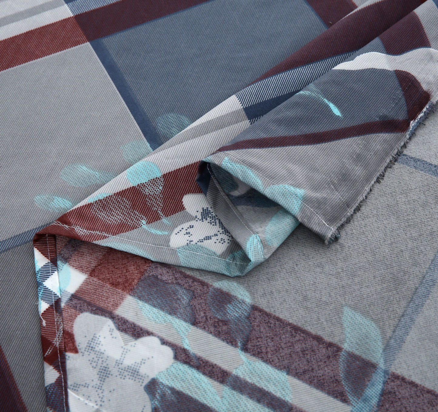 6 Piece - Maroon Check on Grey Floral Printed Duvet Cover Set