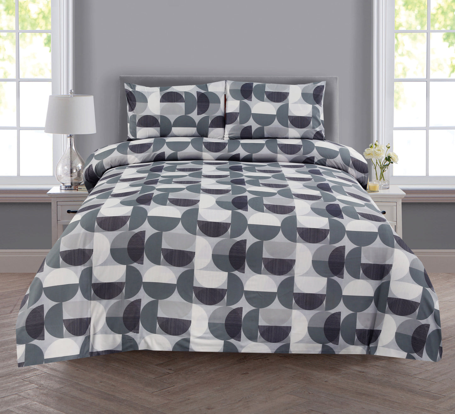 6 Piece - Mint, White & Grey Circular Printed Duvet Cover Set