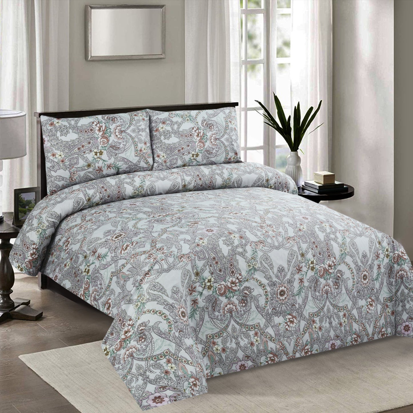 6 Piece - Grey Paisely Printed Duvet Cover Set