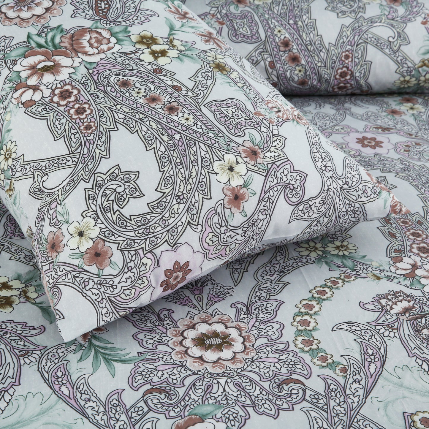 6 Piece - Grey Paisely Printed Duvet Cover Set