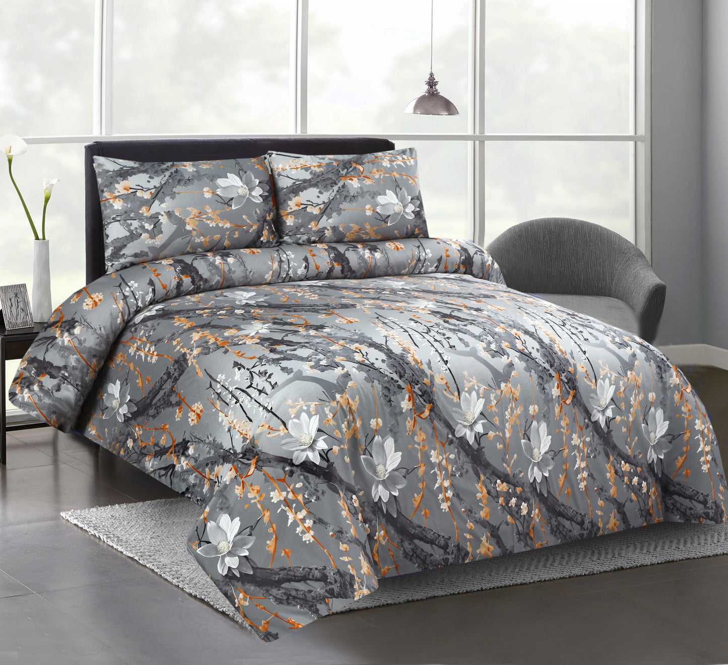 3 Piece - Grey Botanical Printed Bed Sheet Set - 3221