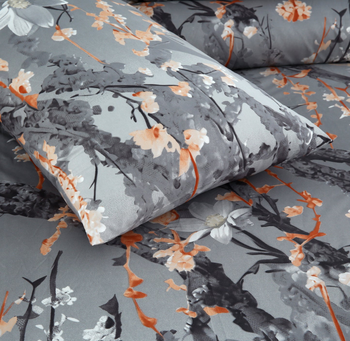 3 Piece - Grey Botanical Printed Bed Sheet Set - 3221