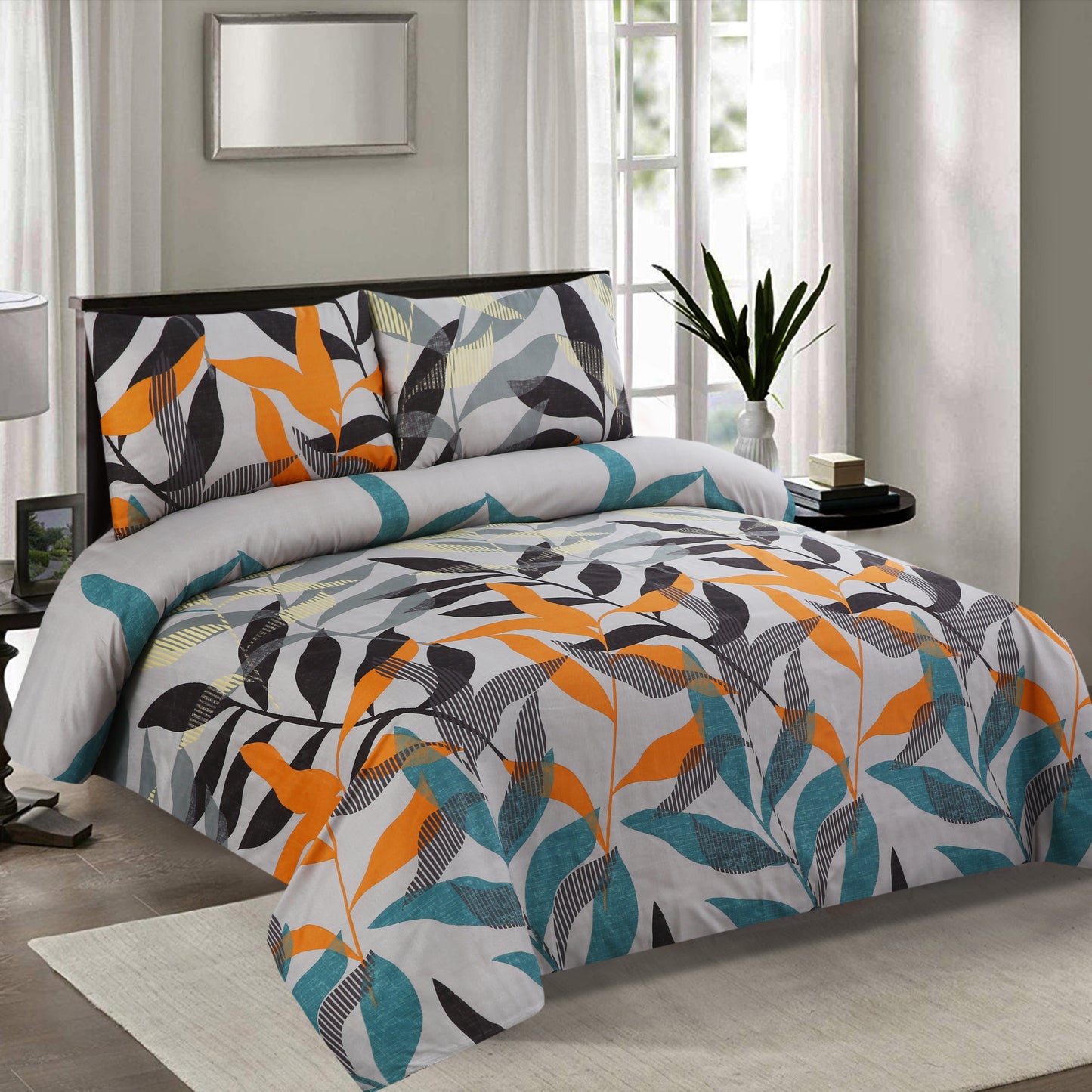 6 Piece - Grey, Black & Beige Leaves Printed Duvet Cover Set