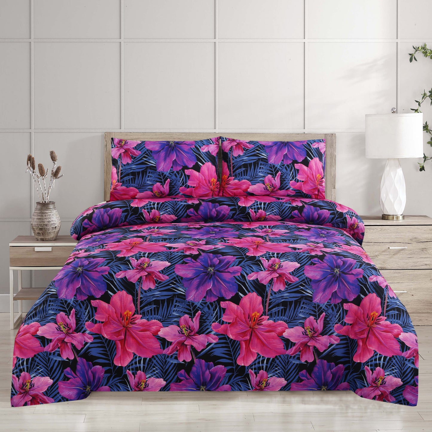 3/6 Piece - Magenta Roses on Black Set - 3210