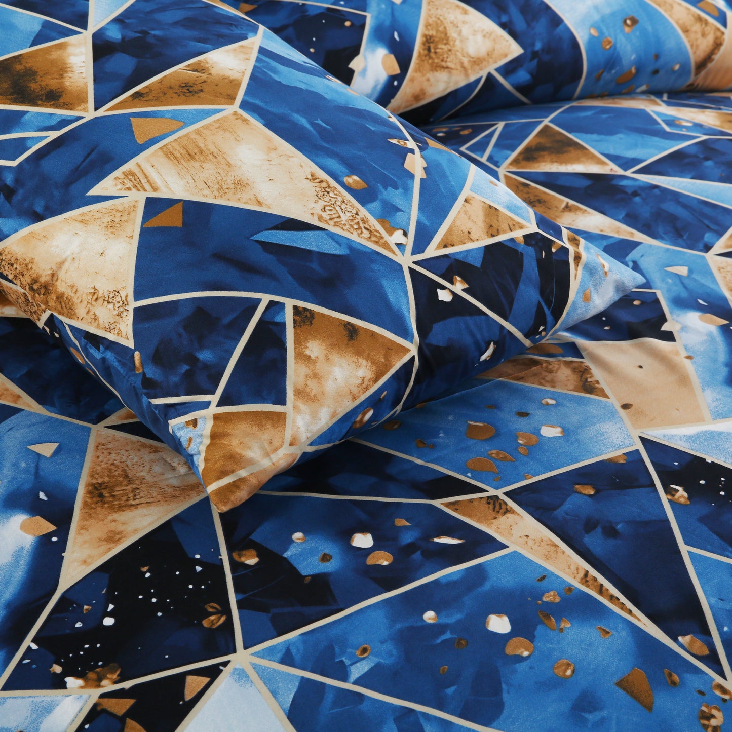6 Piece - Blue & Gold Abstract Printed Duvet Cover Set