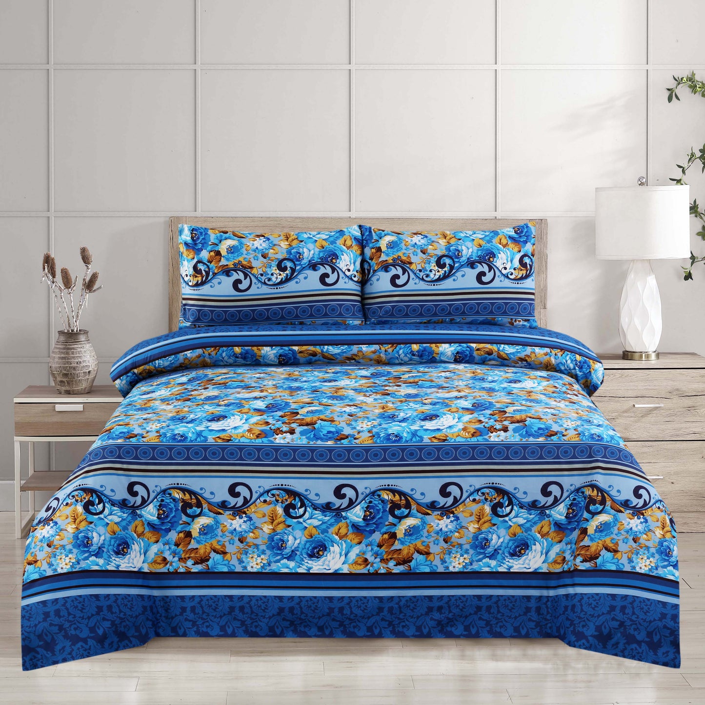 6 Piece - Blue Roses Printed Duvet Cover Set