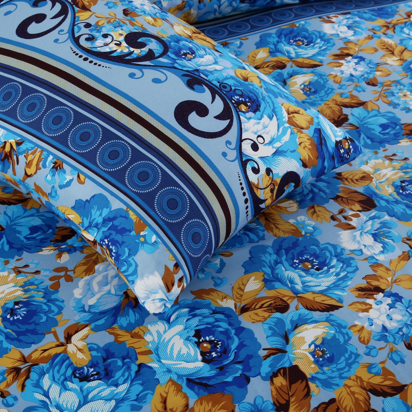 6 Piece - Blue Roses Printed Duvet Cover Set