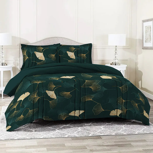 Dark Green Autumn Leaf Pattern Printed Bed Sheet Set