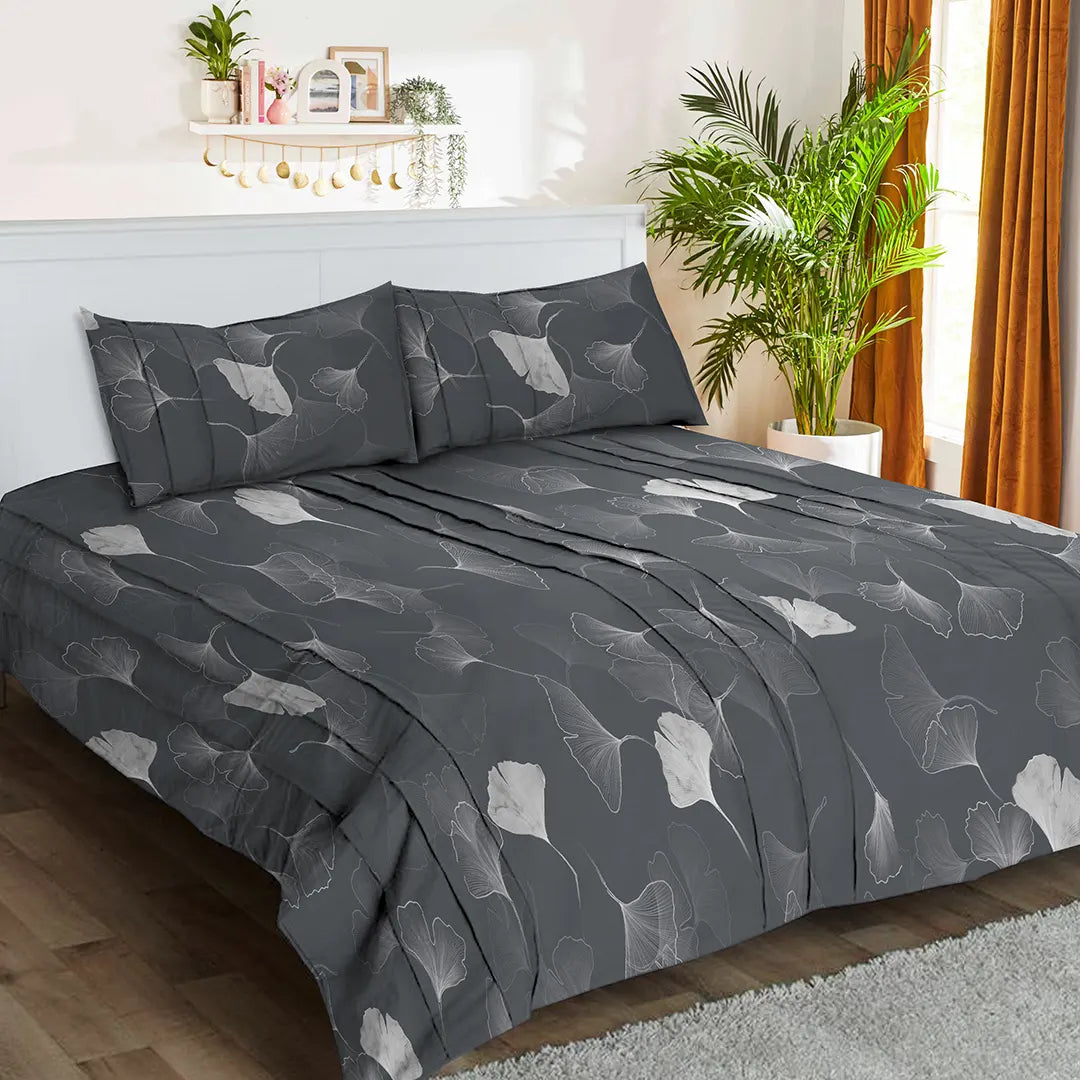 Gray Autumn Leaf Pattern Printed Bed Sheet Set