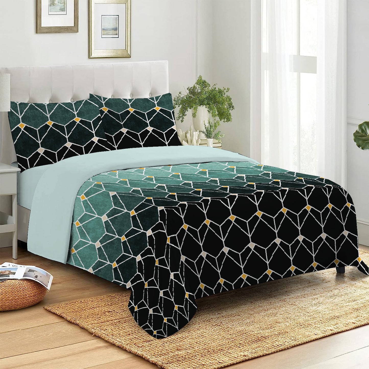 6 Piece - Teal Gradient Geometric Checked Printed Duvet Cover Set