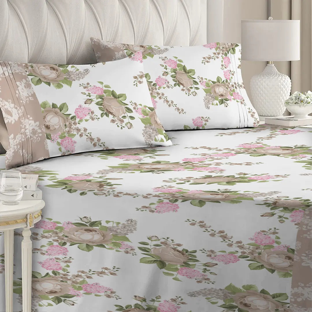 3 Piece - Mountain Mist Rose Printed Bed Sheet Set - 1091