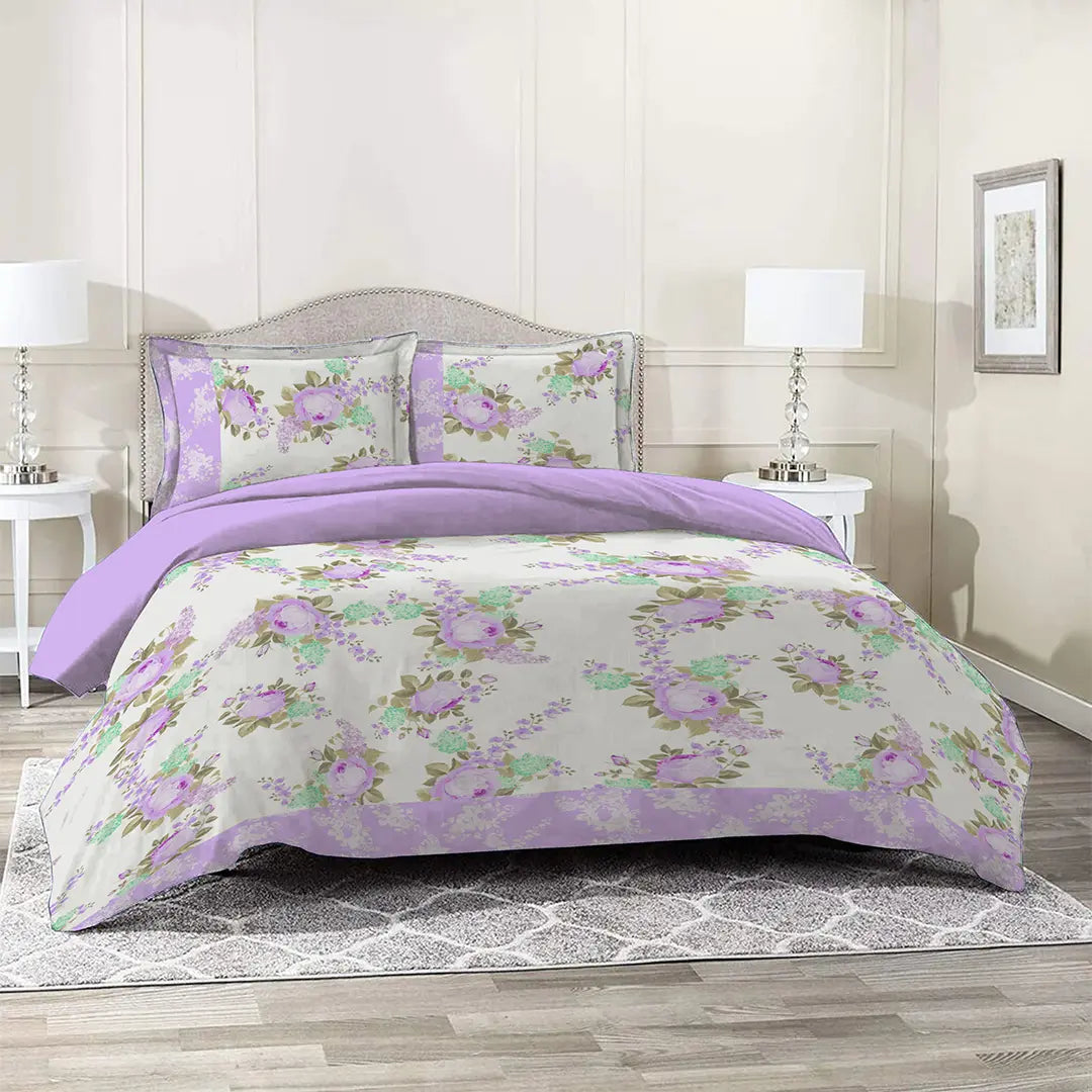 3 Piece - Soft Purple Rose Printed Bed Sheet Set - 1092