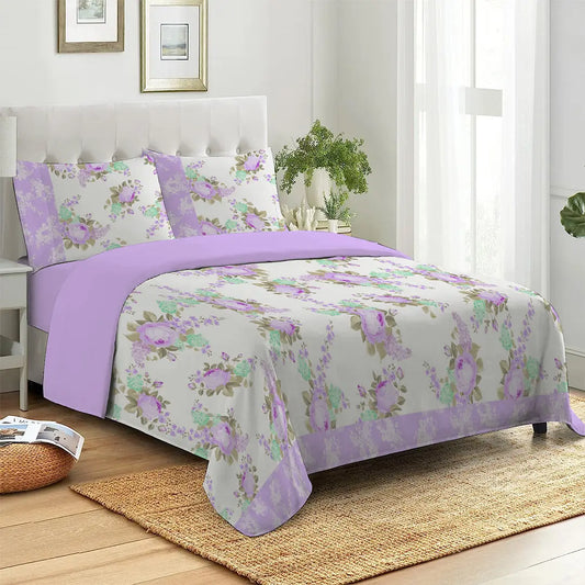 3 Piece - Soft Purple Rose Printed Bed Sheet Set - 1092