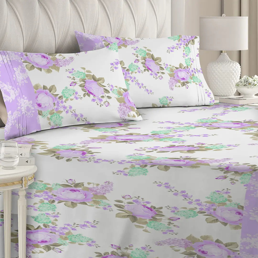 3 Piece - Soft Purple Rose Printed Bed Sheet Set - 1092