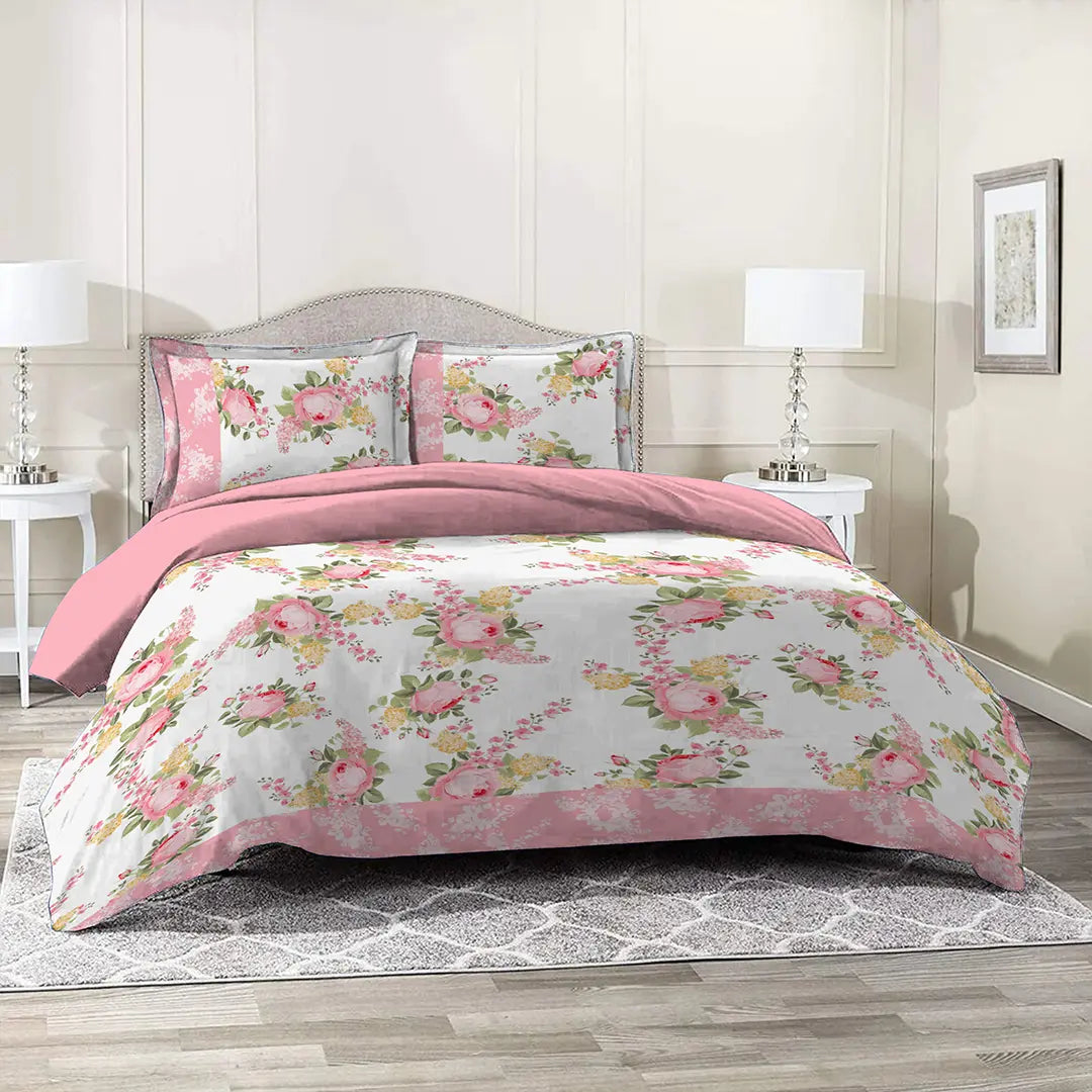 3 Piece - Elegant Pink Rose Printed Bed Sheet Set - 1093