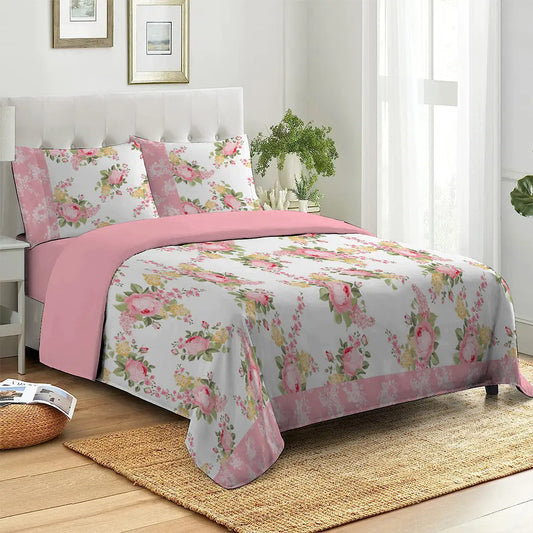 3 Piece - Elegant Pink Rose Printed Bed Sheet Set - 1093