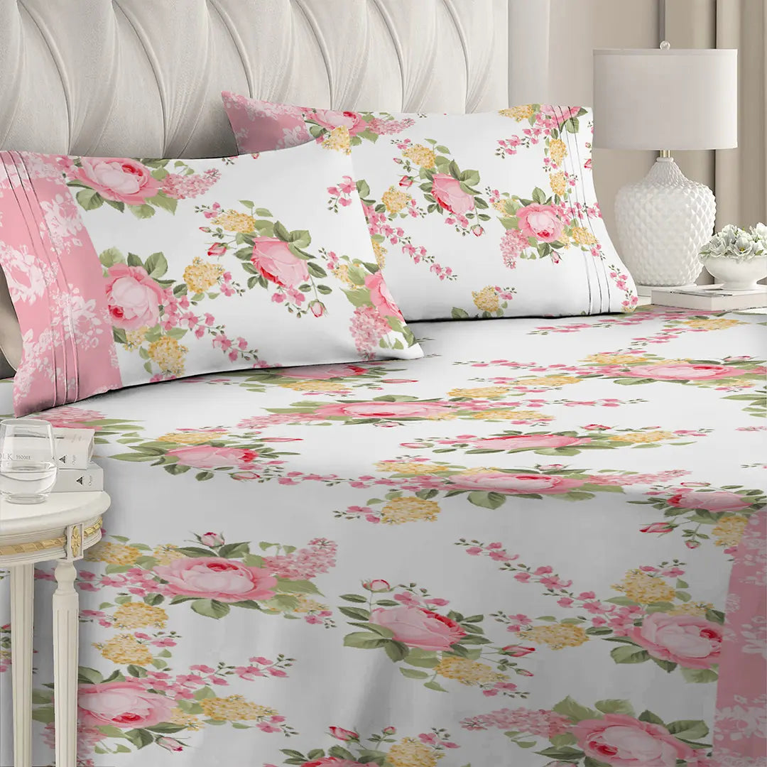 3 Piece - Elegant Pink Rose Printed Bed Sheet Set - 1093