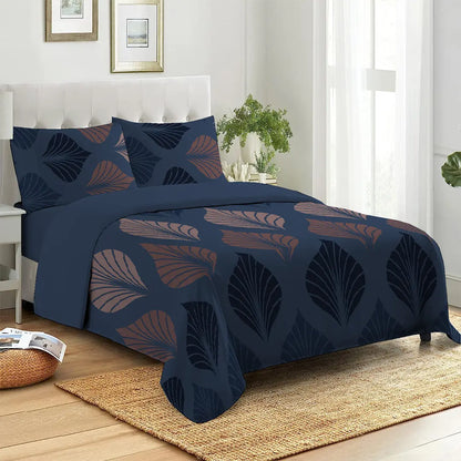 3 Piece - Nile Blue Grand Autumn Leaf Printed Bed Sheet Set - 1094