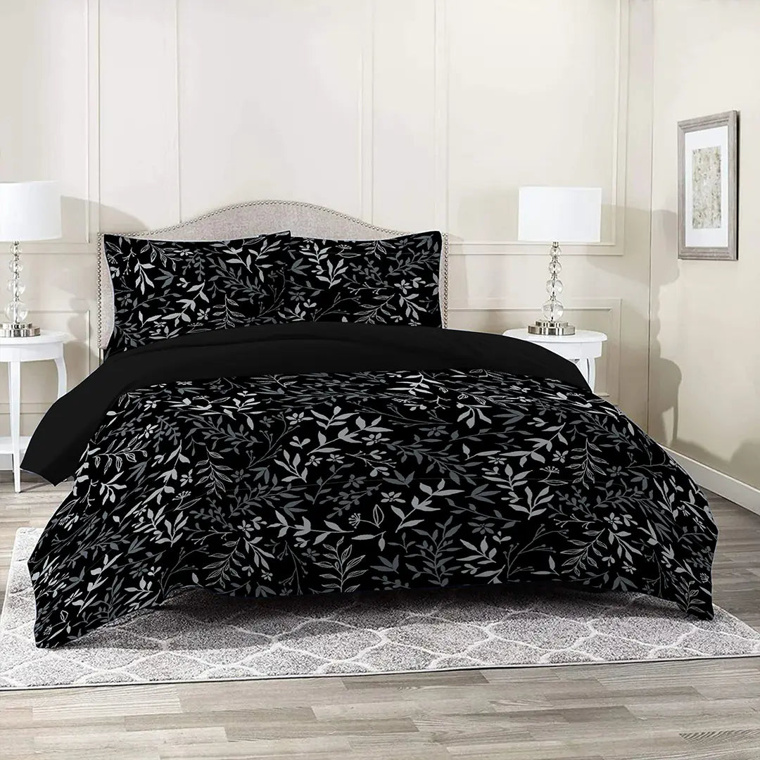 3 Piece - Black Ash Rowan Leaf Printed Bed Sheet Set - 1096