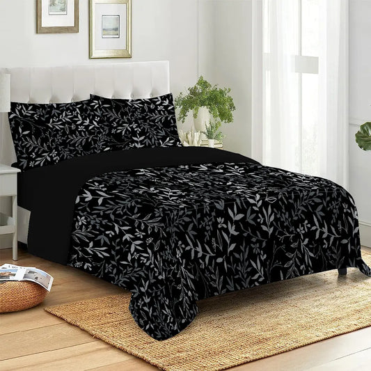 3 Piece - Black Ash Rowan Leaf Printed Bed Sheet Set - 1096