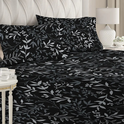 6 Piece - Black Ash Rowan Leaf Printed Duvet Cover Set