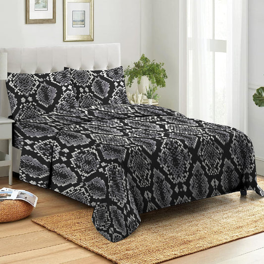 3 Piece - Snake Patterned Black Bed Sheet Set - 3011