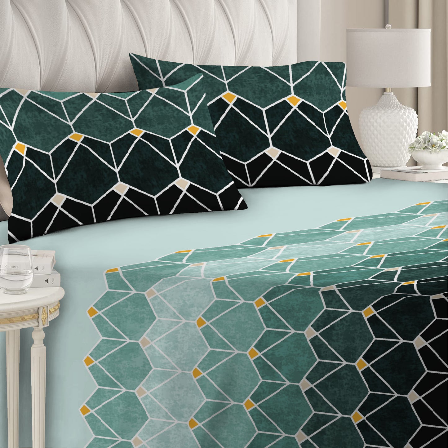 6 Piece - Teal Gradient Geometric Checked Printed Duvet Cover Set