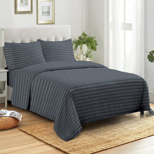 3 Piece - Grey Striped Bed Sheet Set - 2096