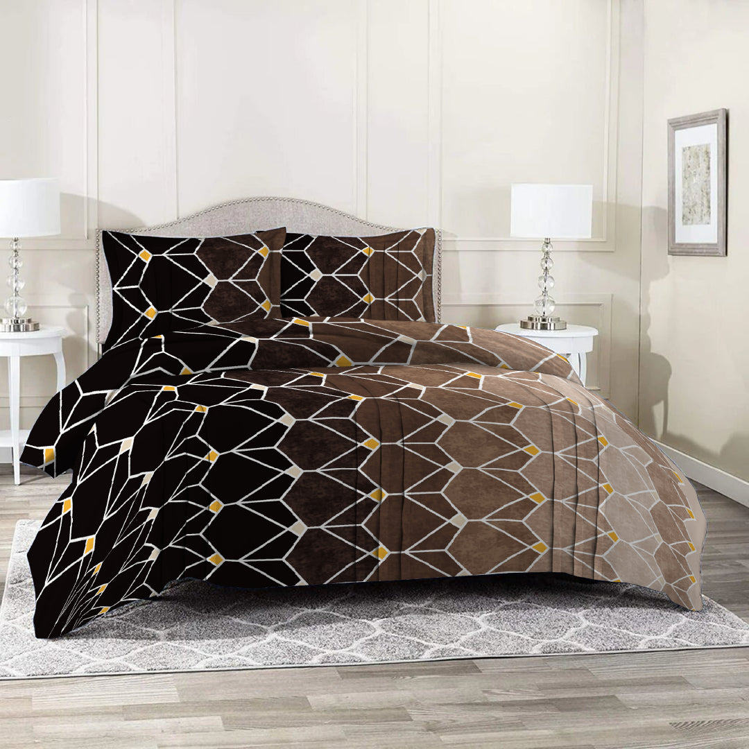 3 Piece - Brown Gradient Geometric Checked Bed Sheet - 3029