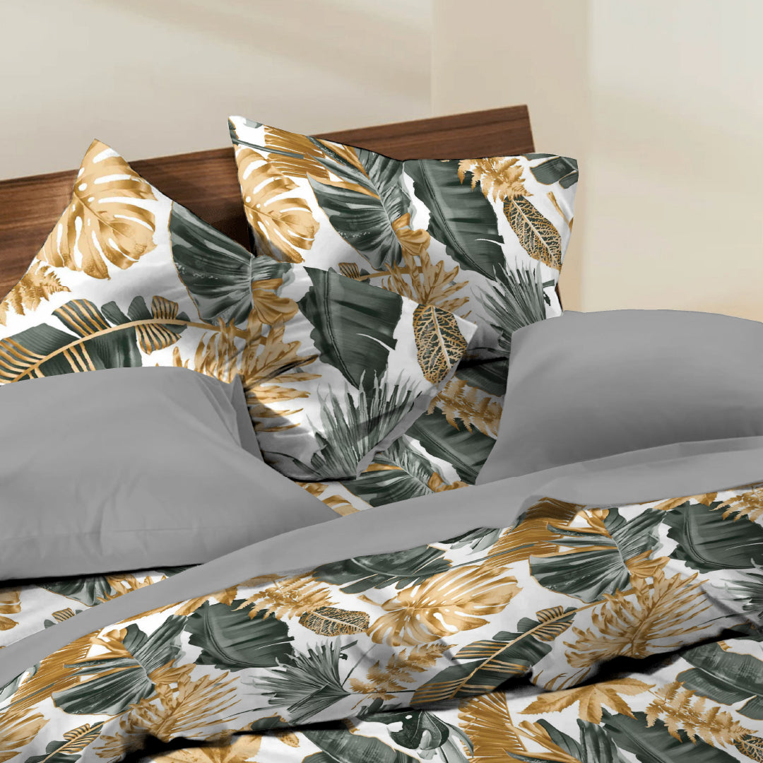 6 Piece - Monstera Golden Grey White Printed - Comforter Set