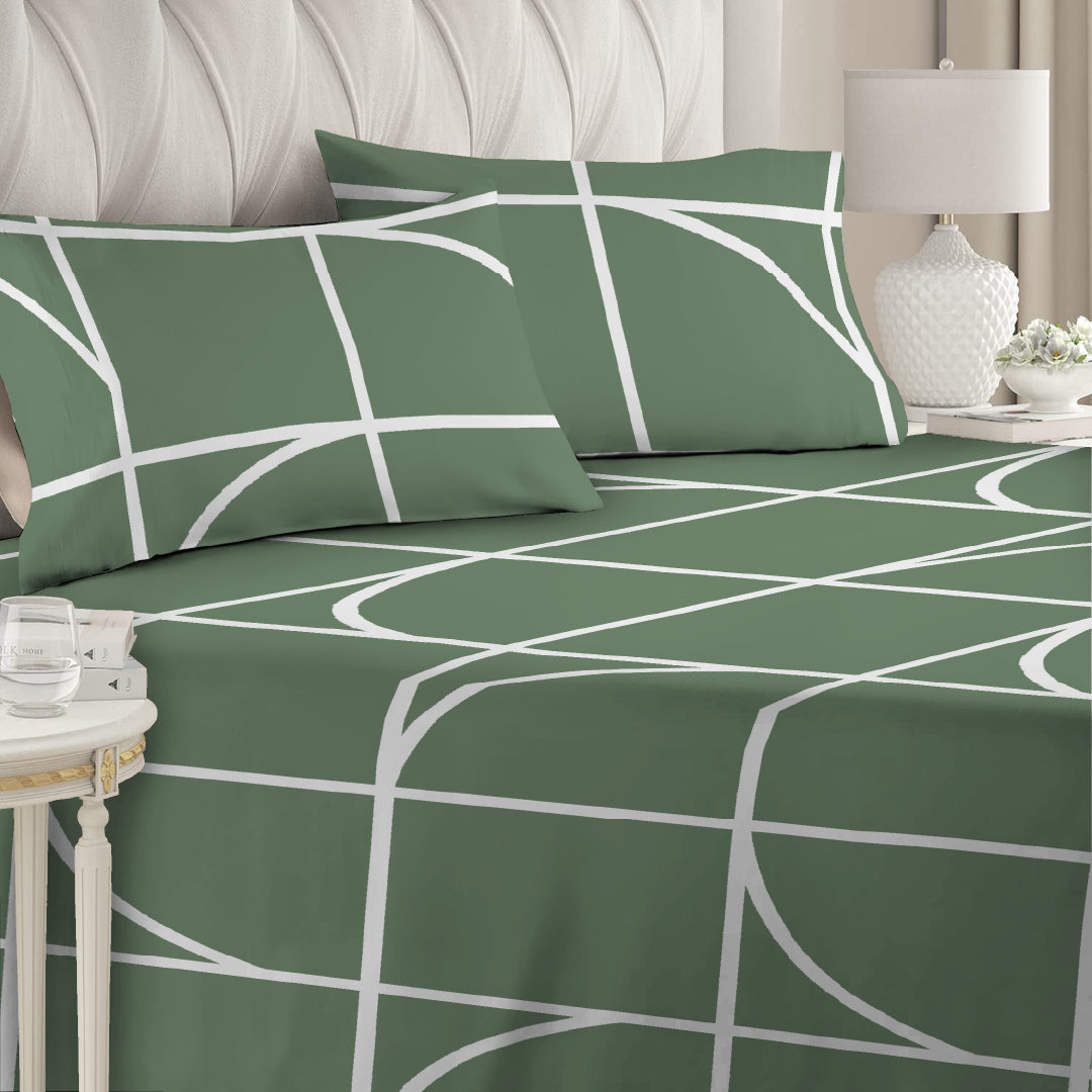 3 Piece - Geometrical Printed Green Bed Sheet Set - 3010