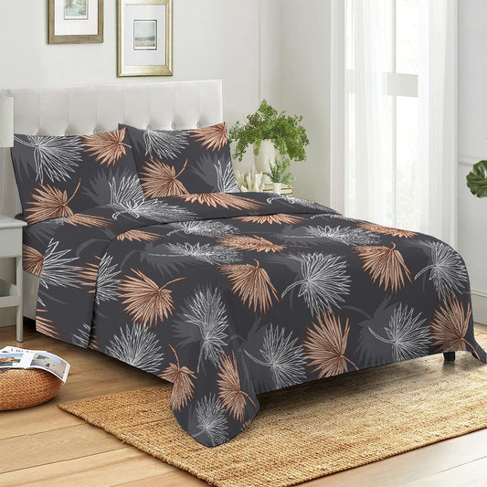 3 Piece - Grey Mapel Leaves Printed Bed Sheet - 3031