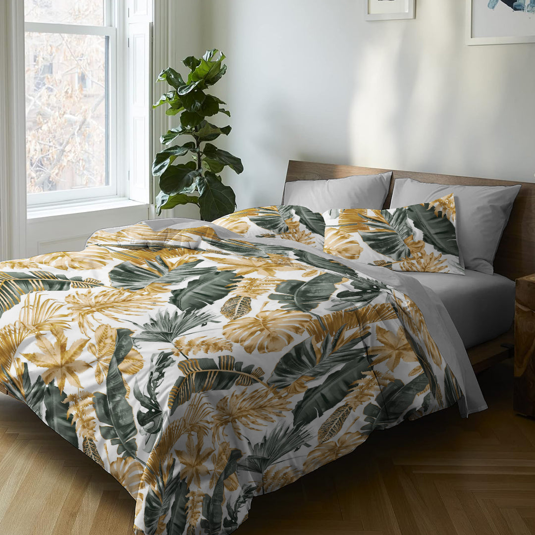 6 Piece - Monstera Golden Grey White Printed - Comforter Set