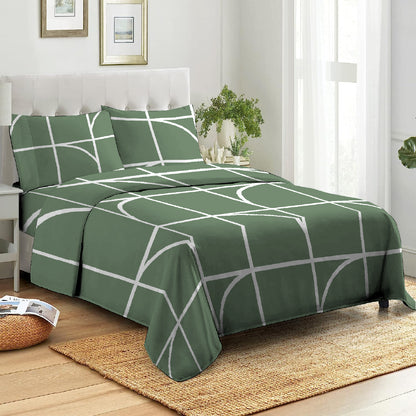 3 Piece - Geometrical Printed Green Bed Sheet Set - 3010