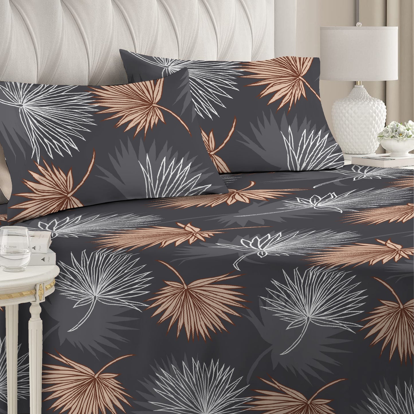 3 Piece - Grey Mapel Leaves Printed Bed Sheet - 3031