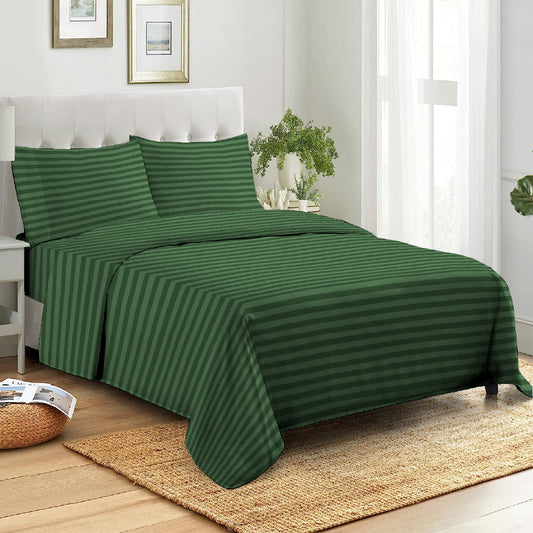 3 Piece - Green Striped Bed Sheet Set - 2098