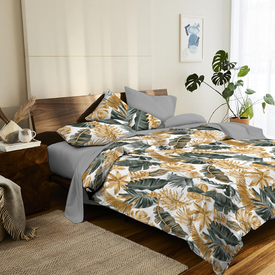 6 Piece - Monstera Golden Grey White Printed - Comforter Set