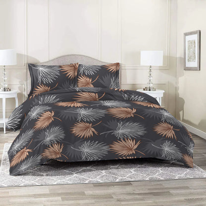 3 Piece - Grey Mapel Leaves Printed Bed Sheet - 3031