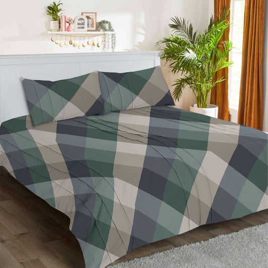 3 Piece - Checked Green & Blue Printed Bed Sheet - 3038