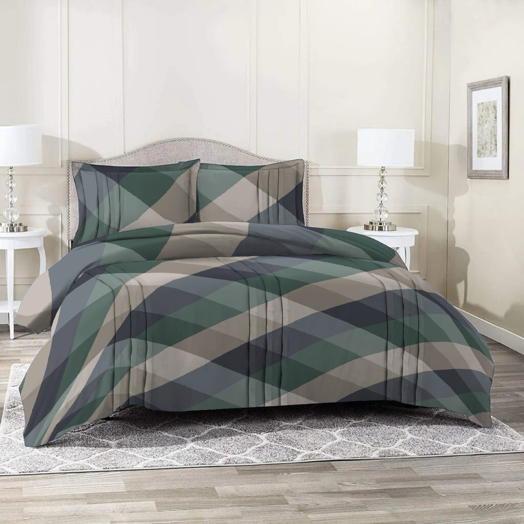 6 Piece - Checked Green & Blue Printed Duvet Cover Set